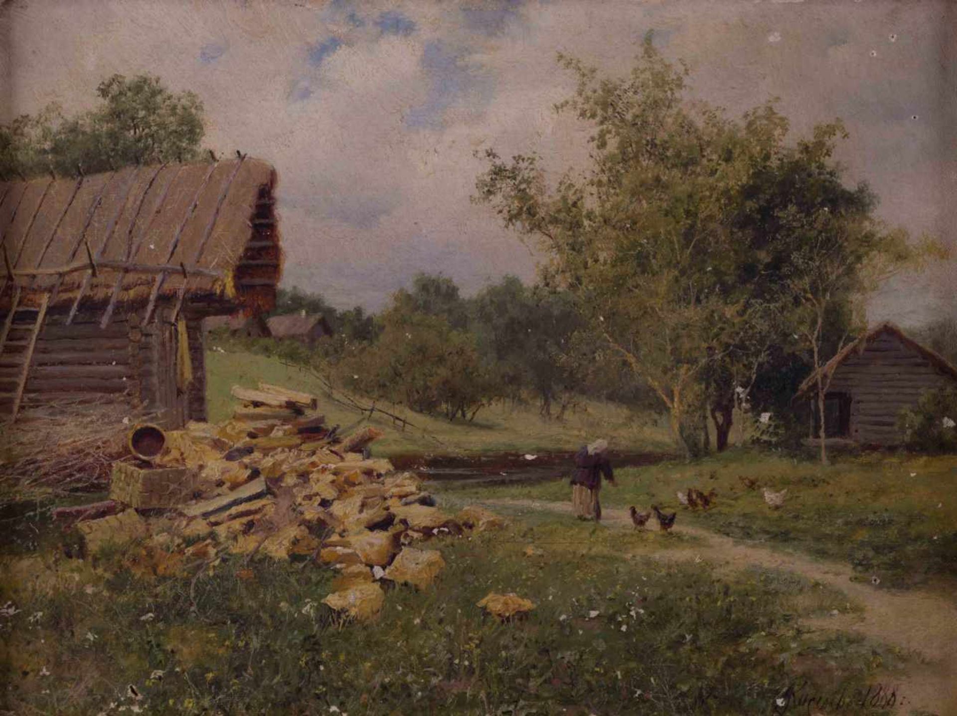 Künstler des 19./20. Jhd. / Artist 19th/20th century "Gehöft mit Federvieh" Gemälde Öl/Leinwand,