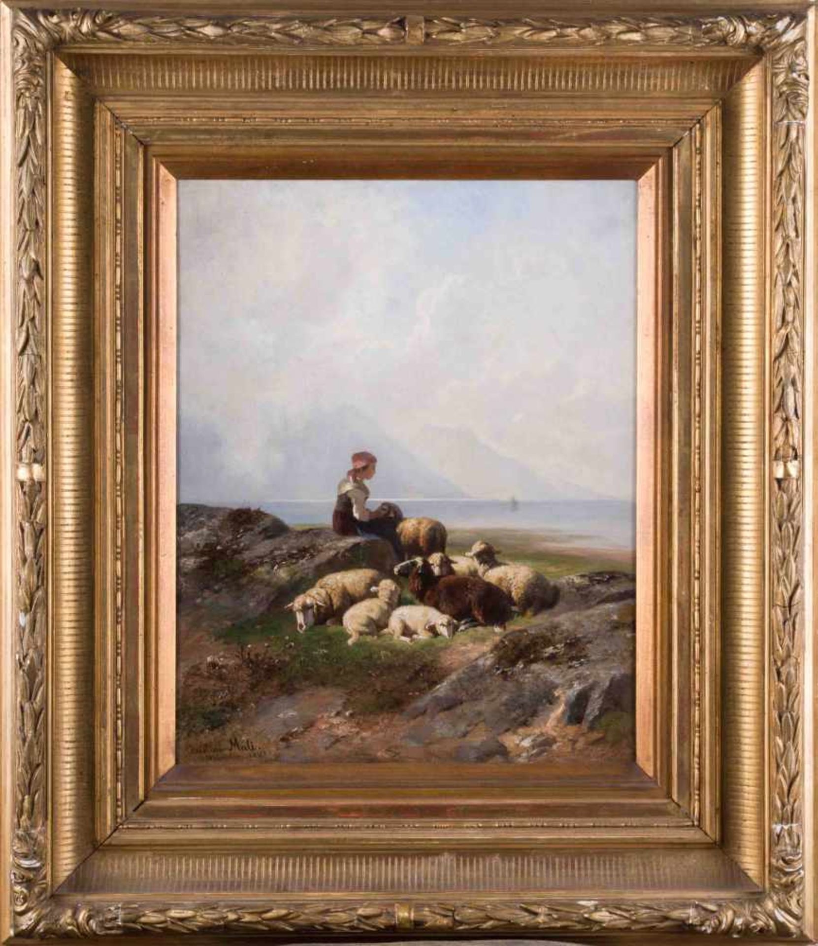 Christian Friedrich MALI (1832-1906) "Rastende Schäferin mit Ihrer Herde am Chiemsee" Gemälde Öl/ - Bild 2 aus 7