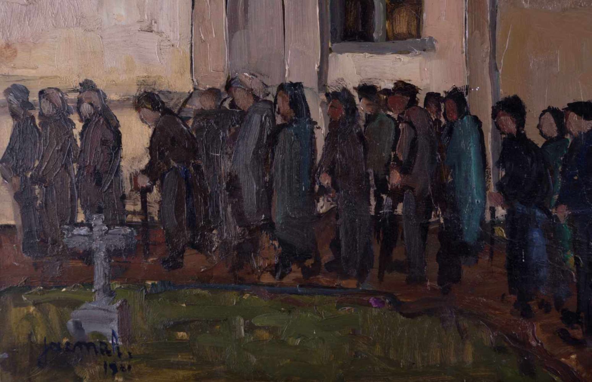 Jacques MAHY (1913-1981) "Kirchgang" Gemälde Öl/Malkarton, 78 cm x 54 cm, links unten signiert und - Bild 3 aus 4
