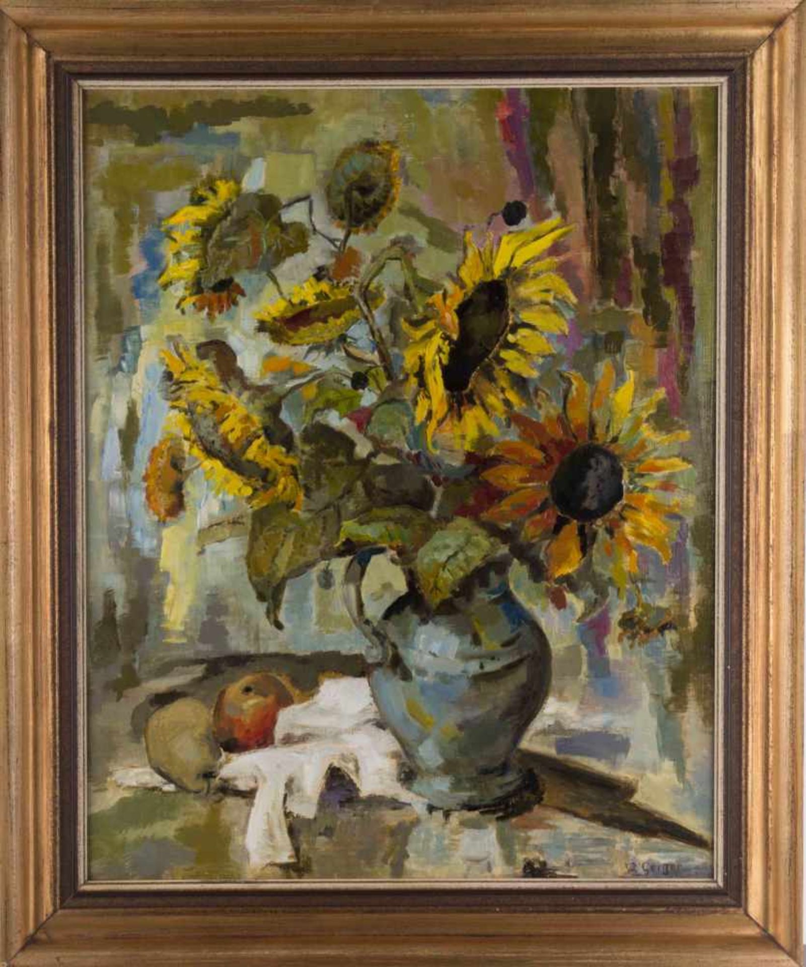 Willi GEIGER (1878-1971) "Stillleben mit Sonnenblumen, Apfel und Birne" Gemälde Öl/Spanplatte, 64, - Bild 2 aus 8