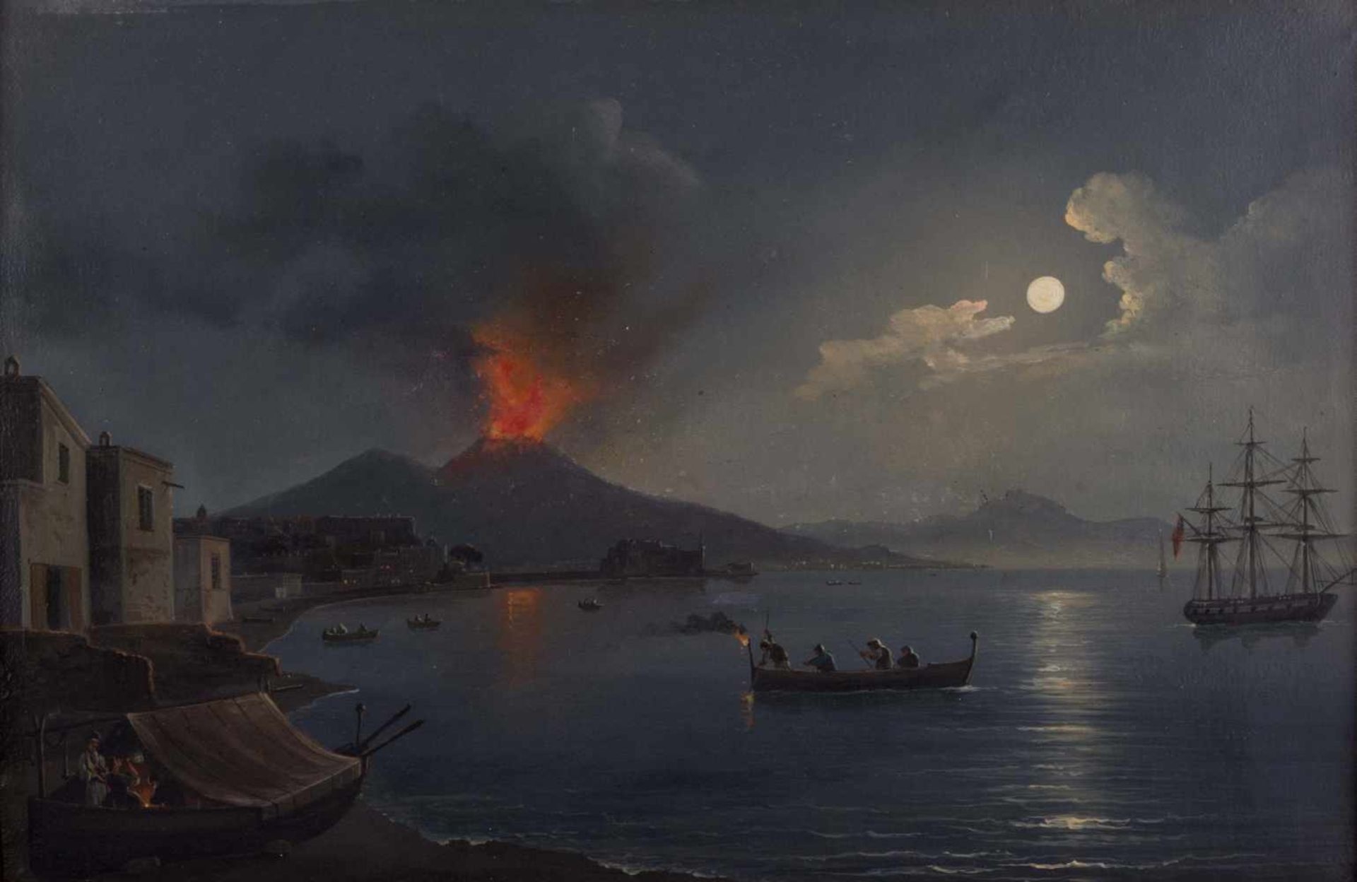 Posillipo Schule 19. Jhd. / Posillipo School, 19th century "Mondschein Szene mit Vesuvio im