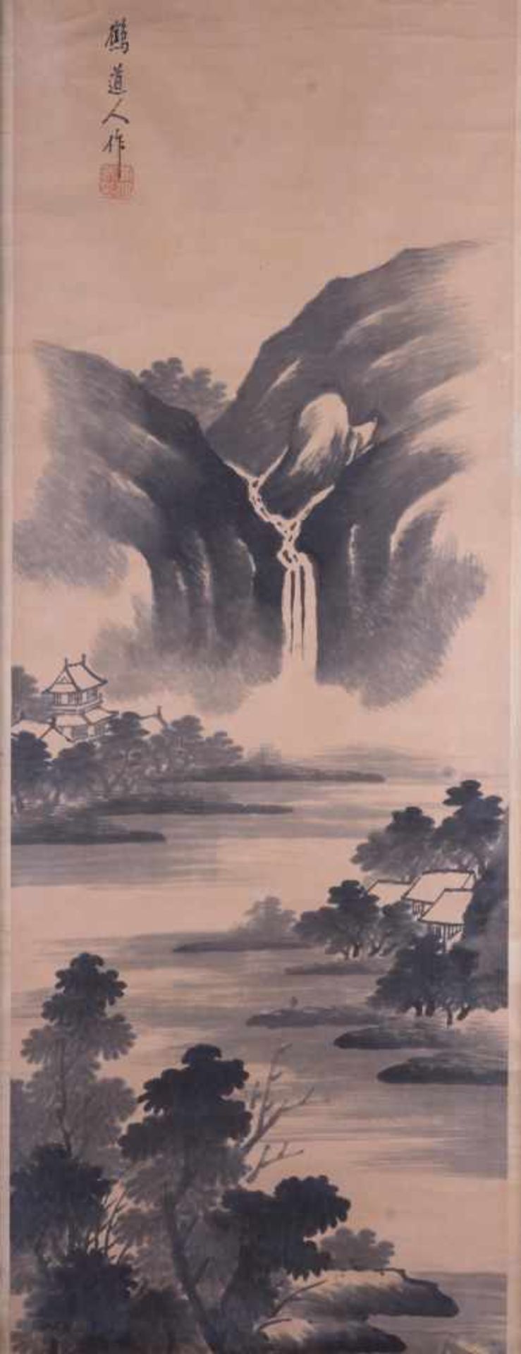 Wandbild China 19. Jhd. Tuschmalerei auf Papier, Schriftzeichen und Signaturstempel, 95 cm x 40 cm