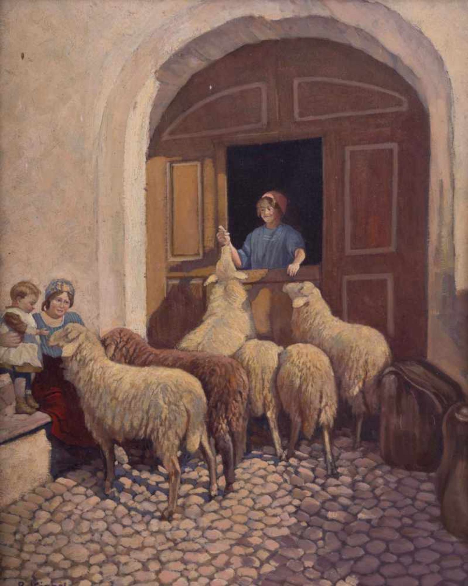 B. Kiebel "Schafe vor dem Stall" Gemälde Öl/Karton, 36 x 30 cm, links unten signiert, B. Kiebel