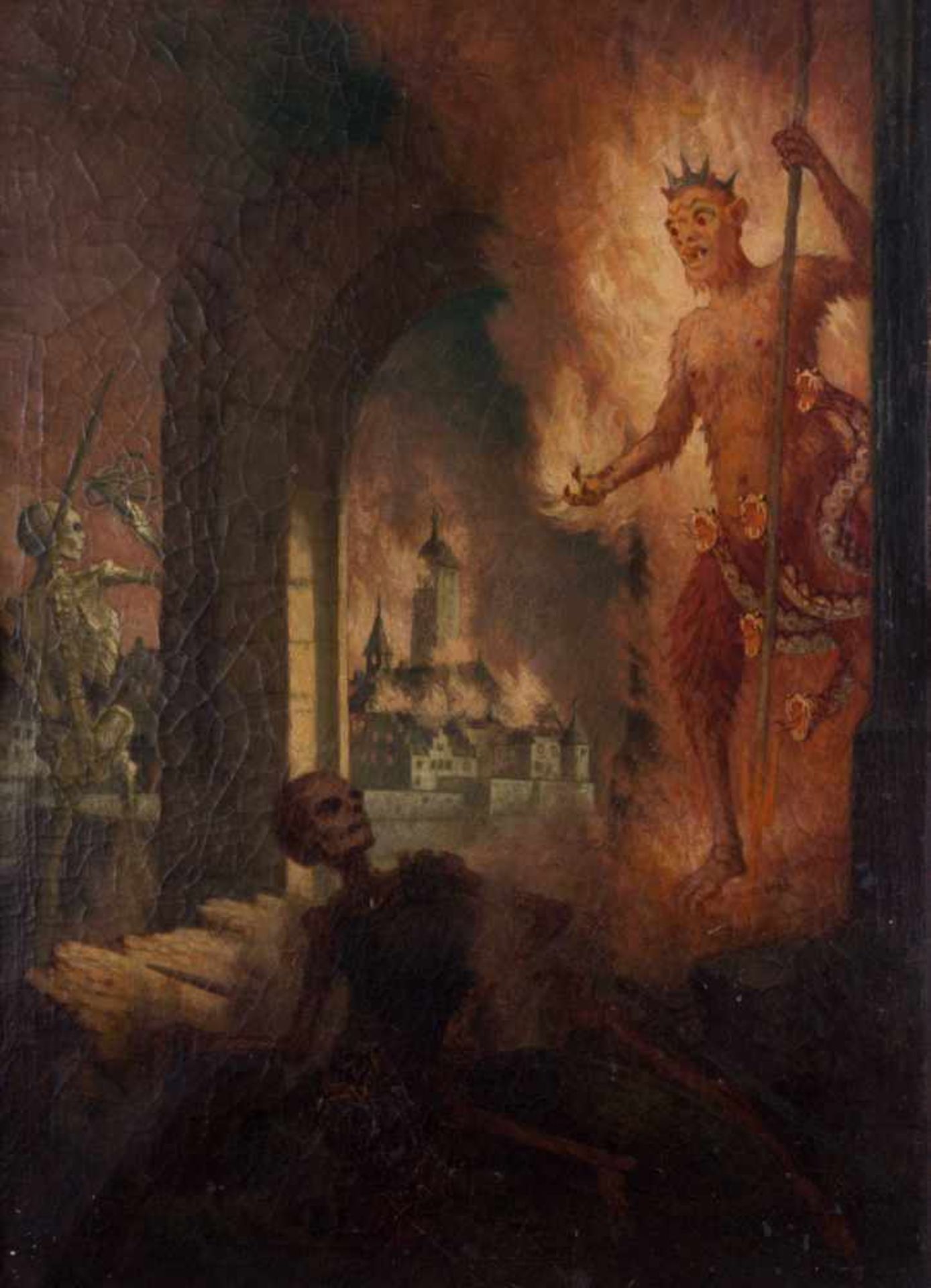 Künstler des 19. Jhd. "Inferno" Gemälde Öl/Leinwand auf Holzplatte, 70 cm x 50 cm, mit Rahmen 90 x