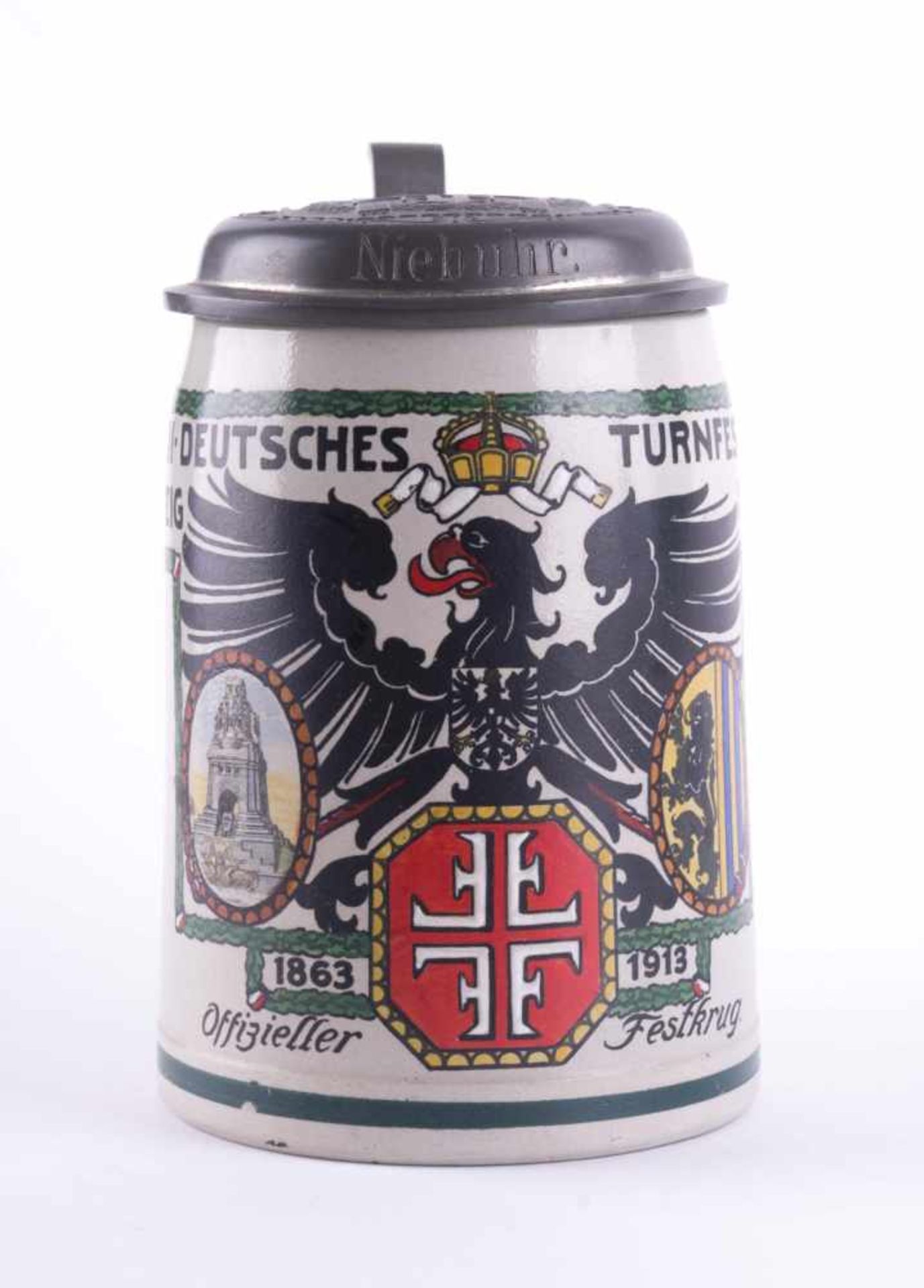 Bierkrug um 1913 mit Zinndeckel, auf dem Deckel eisernes Kreuz, H: 15,5 cm Beer mug about 1913 tin