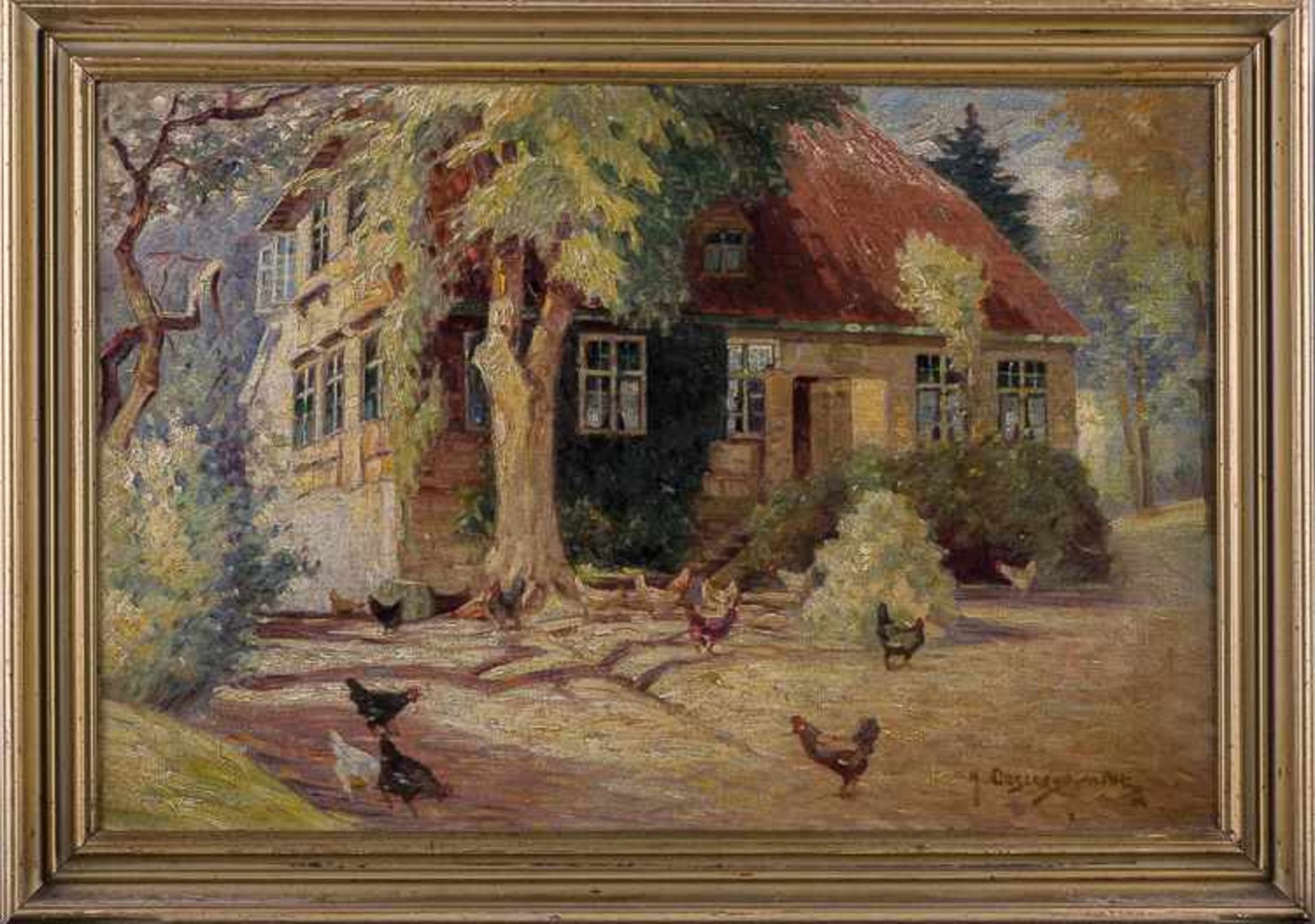 Heinrich OESTERSCHMIDT (XIX-XX) "Bauernkate unter Bäumen mit Hühnern" Gemälde Öl/Leinwand, 40,5 cm x - Image 2 of 7