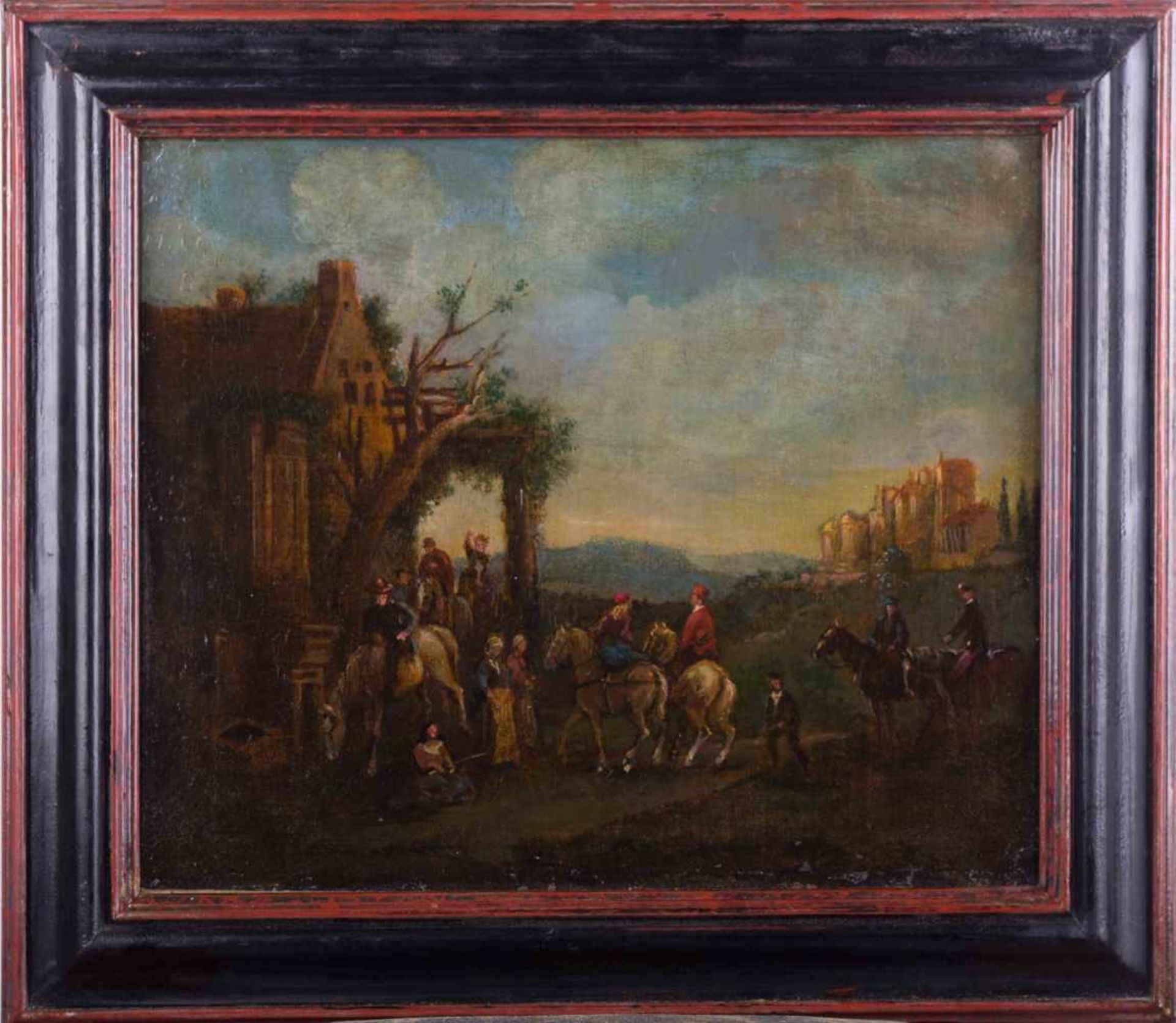 Anonymer Altmeister wohl Holland 17./18. Jhd. "Landschaft mit reicher Figurenstaffage" Gemälde Öl/ - Image 2 of 4