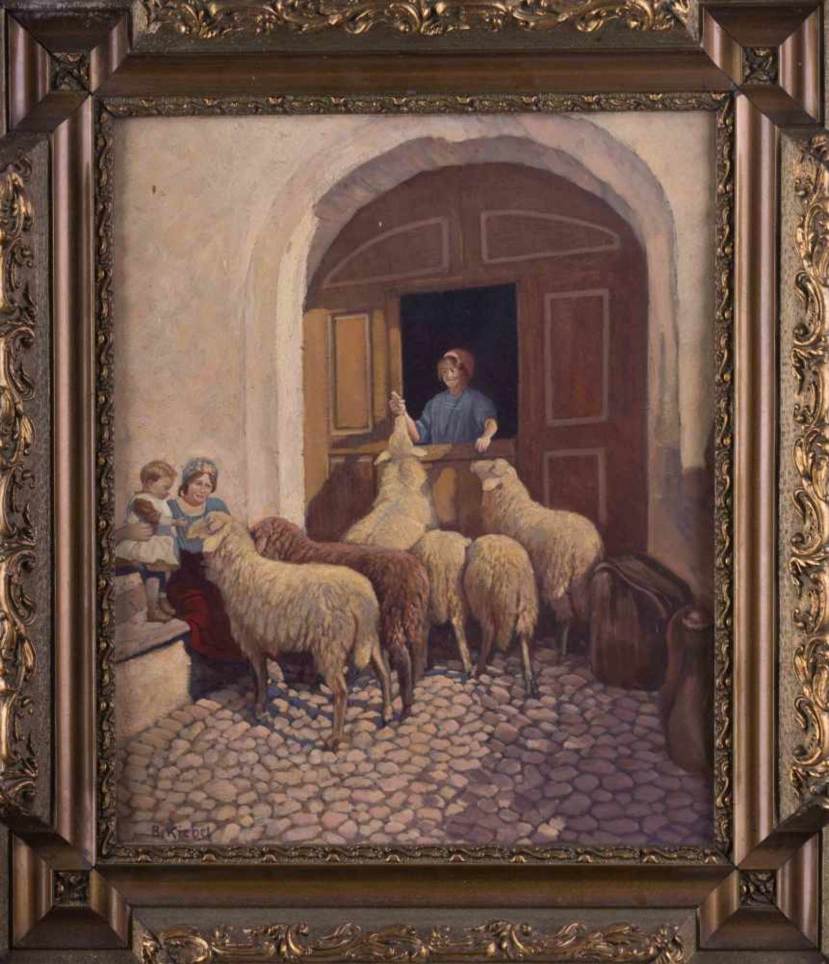 B. Kiebel "Schafe vor dem Stall" Gemälde Öl/Karton, 36 x 30 cm, links unten signiert, B. Kiebel - Image 2 of 4