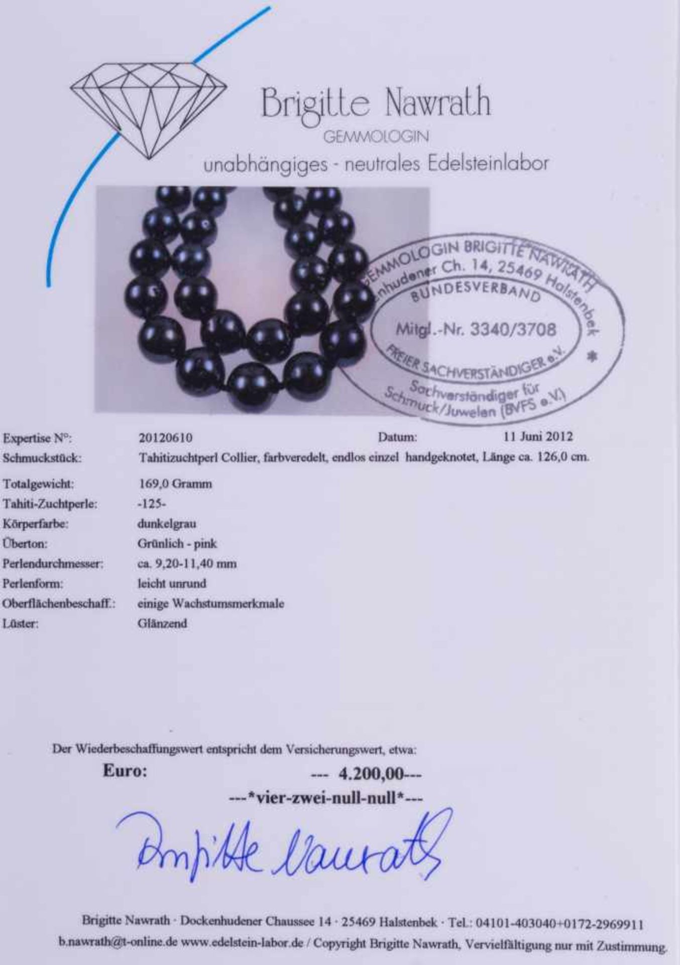 Tahitizuchtperlen- Collier mit gemologischem Gutachten, siehe Fotos Tahiti cultured pearl necklace - Image 3 of 3