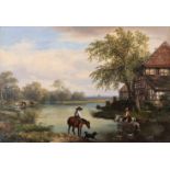 Hans Heinrich Jürgen BRANDES (1803-1868) "Landschaft mit Kühen und Pferden an der Tränke" Gemälde