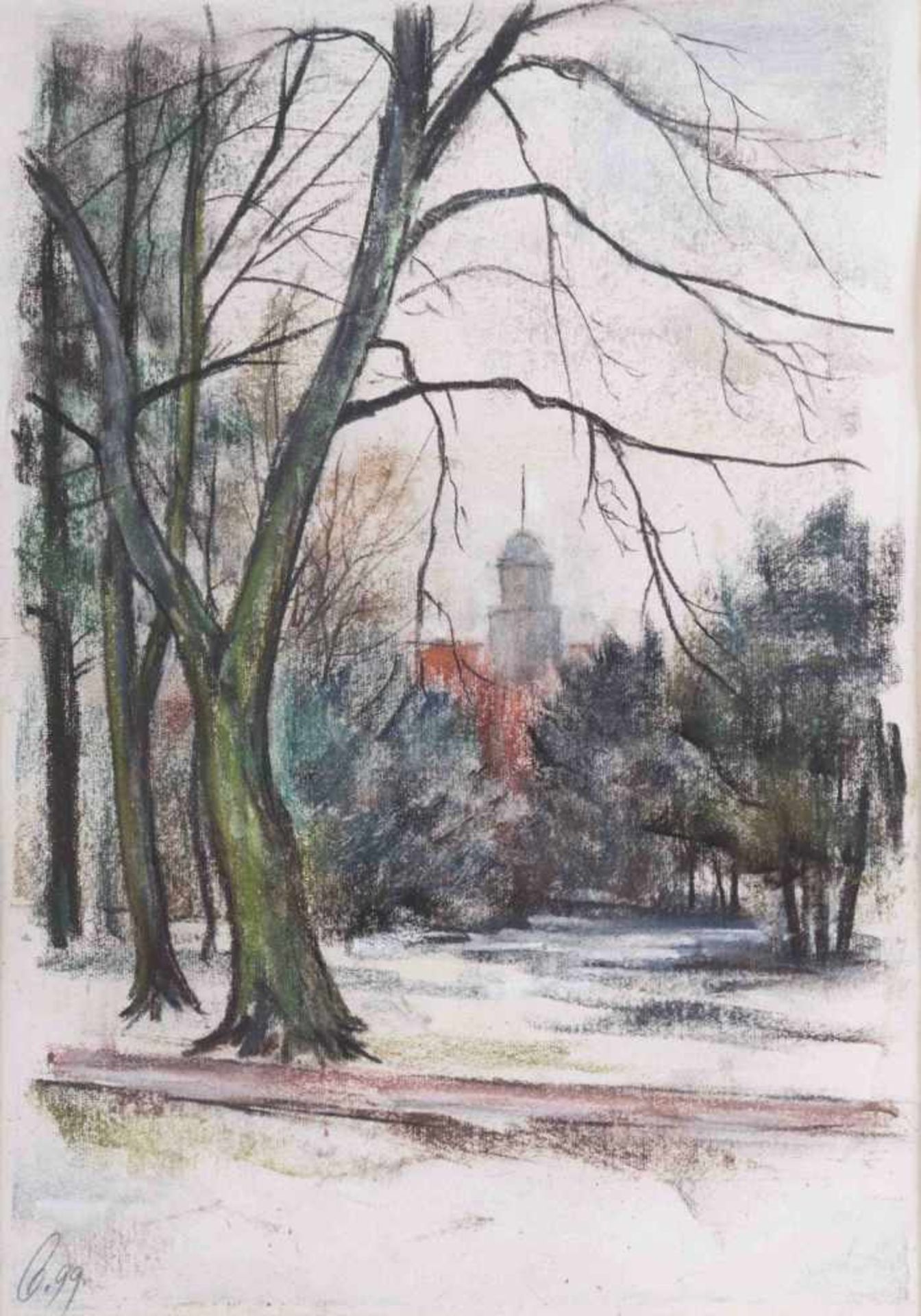 Franz Georg EHMKE (* 8. Februar 1928 in Berlin) "Kleiner Winter im Brosepark" Zeichnung-Pastell,