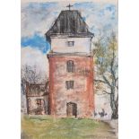 Franz Georg EHMKE (* 8. Februar 1928 in Berlin) "Kirche in Schönerlinde" Zeichnung-Pastell, Sichtmaß