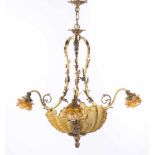 Jugendstil- Deckenleuchter + Wandlampe w. Frankreich Bronze, gelbes Glas, 3 armig, ein Blütenglas