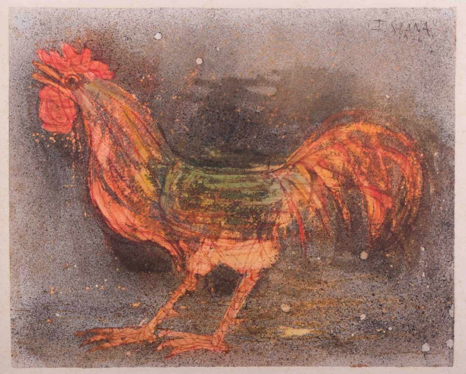 France SLANA (1926) "Hahn" Zeichnung-Mischtechnik auf Papier, 36,5 cm x 45 cm, rechts oben