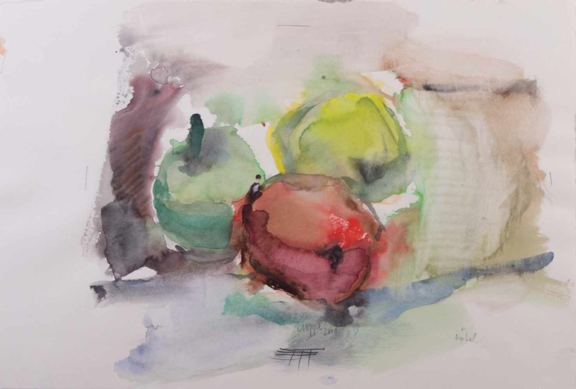 Peter HOPPE (1938-2010) "Äpfel" Zeichnung-Aquarell, 30,5 cm x 45 cm, mittig unten signiert, rechts