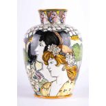 Vase Societa Ceramica Toscana (Italian) um 1900 farbig staffiert, am Stand und am Lippenrand