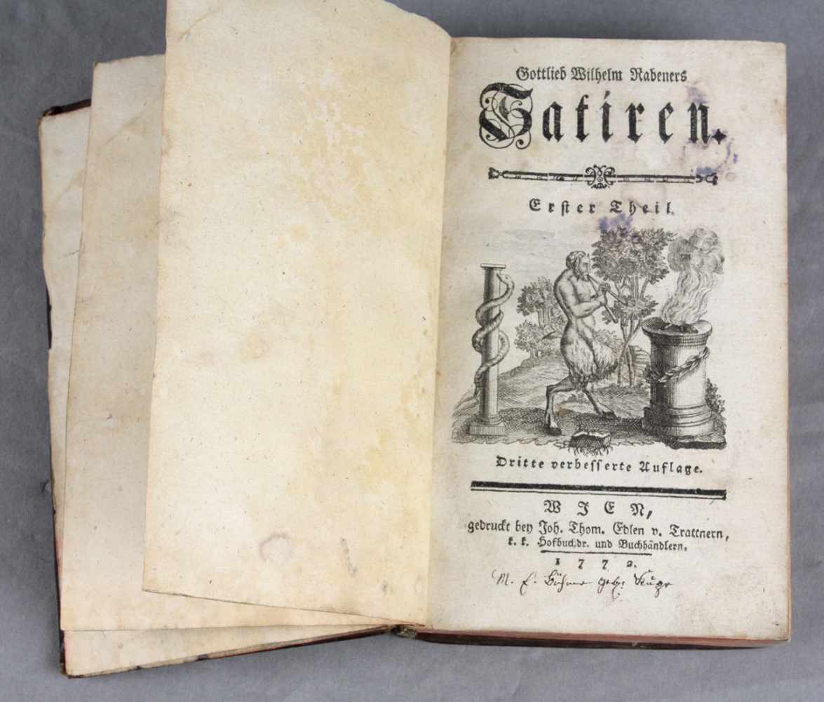 Satiren von 1772 von Gottlieb Wilhelm Rabener, Erster Theil und Zweyter Theil in einem Band. Mit