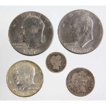4 Kursmünzen USA 1897/1976 dabei Quarter Dollar 1897, One Dime 1912, Half Dollar 1966 u. 2 x One