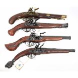 4 Deko Pistolen je mit STeinschloß nach altem Vorbild u. Holzschaft ausgeführt, L ca. 37 bis 43