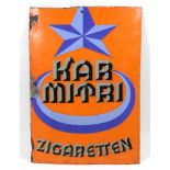 Werbeschild *Karmitri Zigaretten* blau u. orangefarben emailliertes leicht gewölbtes Blechsschild,