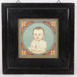 Biedermeier Stickbild um 1840 quadratisch mit Brustbild eines kleinen Mädchens im runden