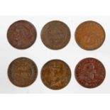 6 Kursmünzen Australien 1917/64 One Penny George VI. 1936 - 1952. (1910/36) u. George VI. (1936/52),