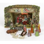 Krippen Diorama Bethlehem farbig lithographiertes Papier. Faltkrippe zum Aufstellen ca. 20 x 4 x