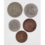 5 Kursmünzen Deutsches Reich 1892/1910 Pfennig Satz, dabei je 1 x 1 Pfennig 1896A, 2 Pfennig