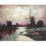 Sonnenuntergang am Kanal mit Mühle Öl/Lwd. unsigniert, querformatige holländische Kanallandschaft