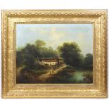Bauernhaus am Teich Öl/Lwd rechts unten signiert A. Fung, querformatige romantische Landschaft mit