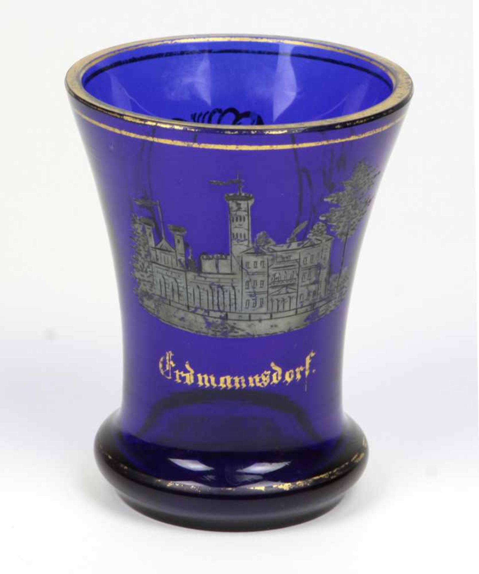 Biedermeierbecher Erdmannsdorf blaues Glas, geschnittener Boden u. beidseitig angephaster Rand,