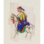 Japanische Handmalerei *Kurier des Königshauses zu Pferde* auf Miniatur Beinplatte, ca. 11 x 7,5 cm,