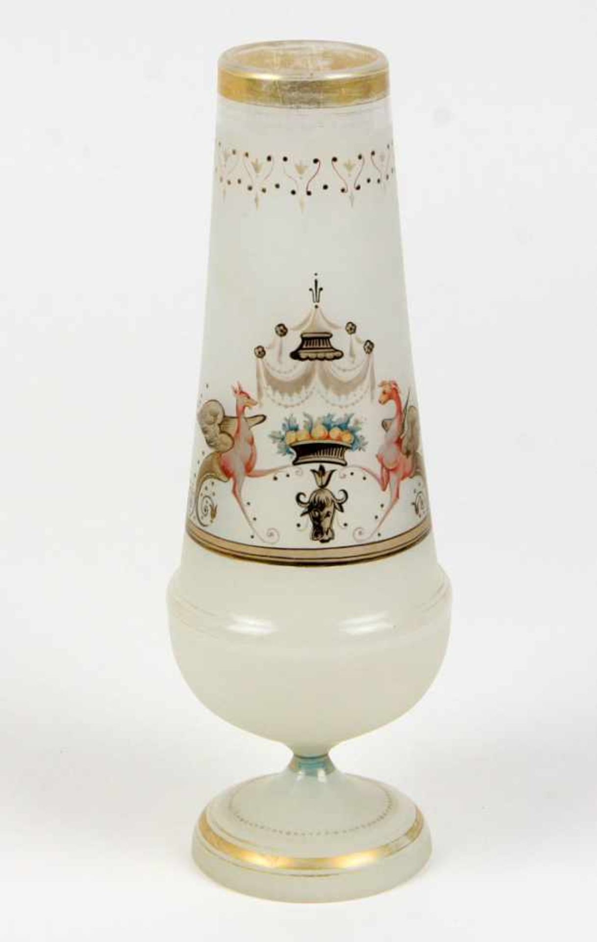 Biedermeier Vase um 1840 farbloses Glas mundgeblasen, mattierte Oberfläche, geschnittene