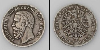 5 Mark Baden 1876 G, Friedrich, Silber