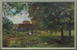 W. Bumgardt (Landschafts- u. Tiermaler d. 1. Hälfte d. 20. Jh.) Weidende Kühe Öl/ Malpappe, 62,5 x