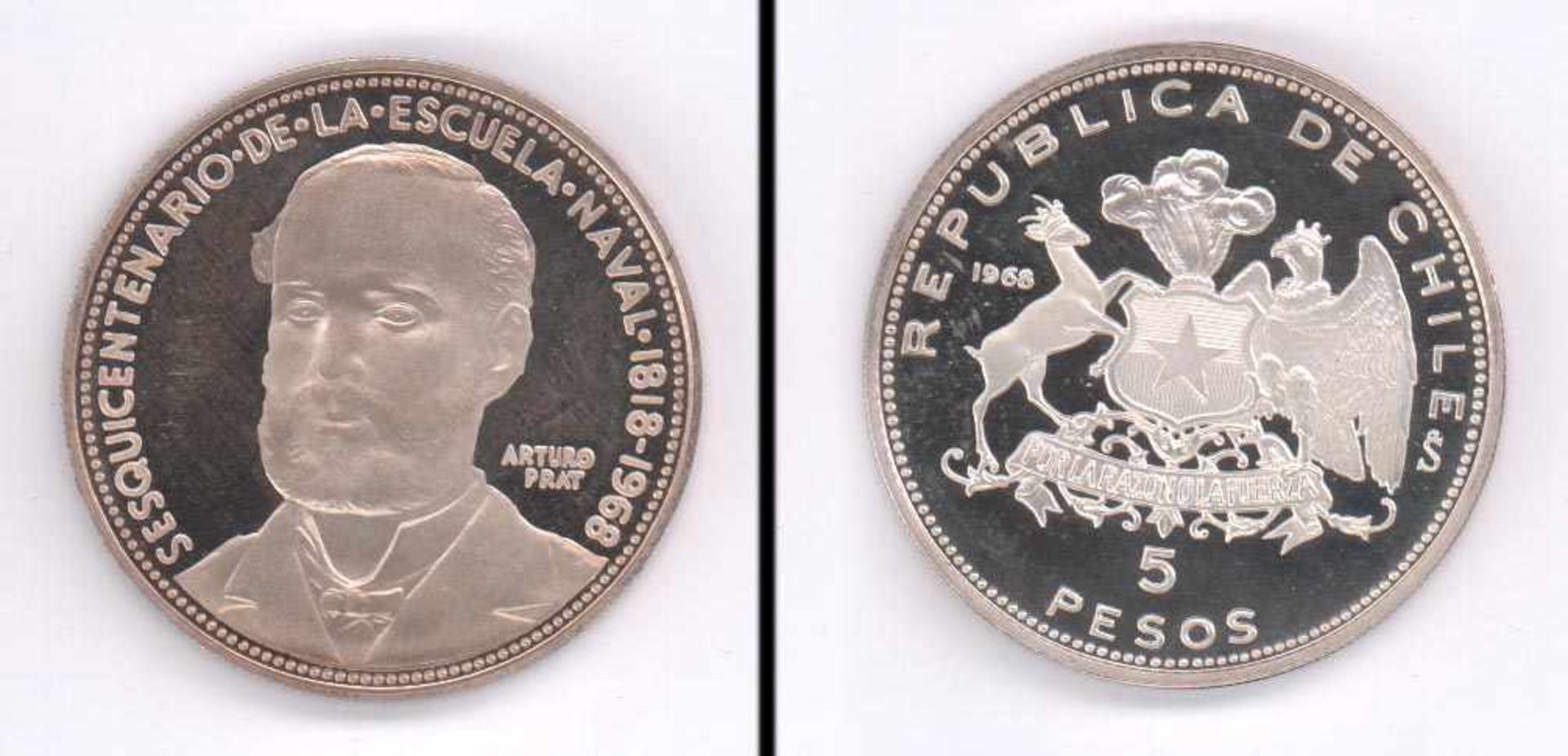 5 Pesos Chile 1968, Arturo Prat Chacòn, Silber, PP