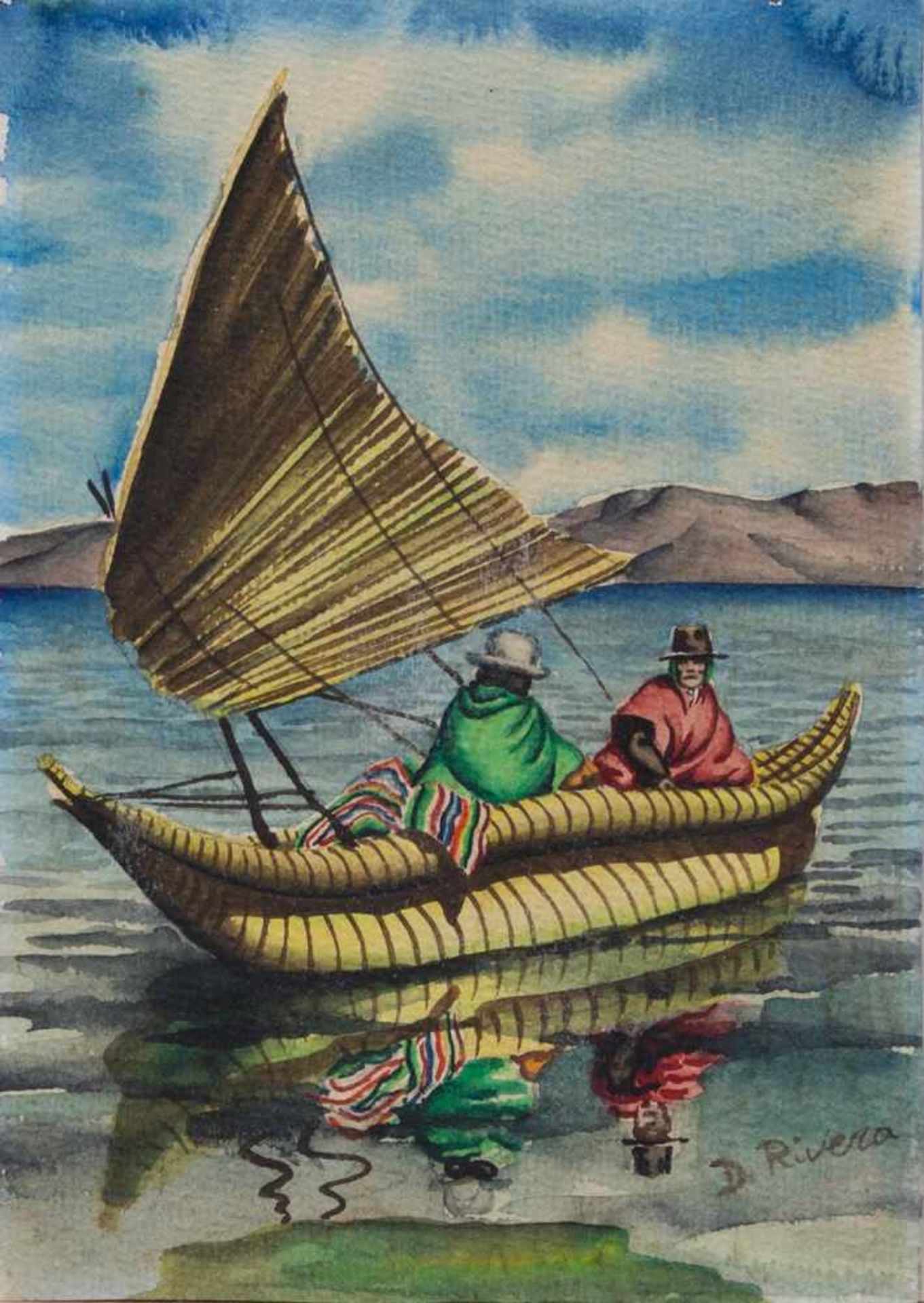 D. Rivera (südamerikanischer Künstler d. 1. Hälfte des 20. Jh.) Papyrusboot Aquarell, 25 x 18 cm,