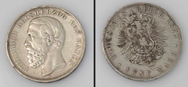 5 Mark Baden 1875 G, Friedrich, Silber