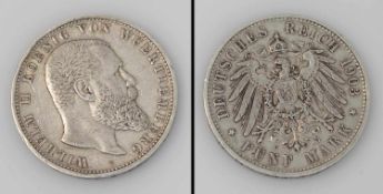 5 Mark Württemberg 1903 F, Wilhelm II., Silber
