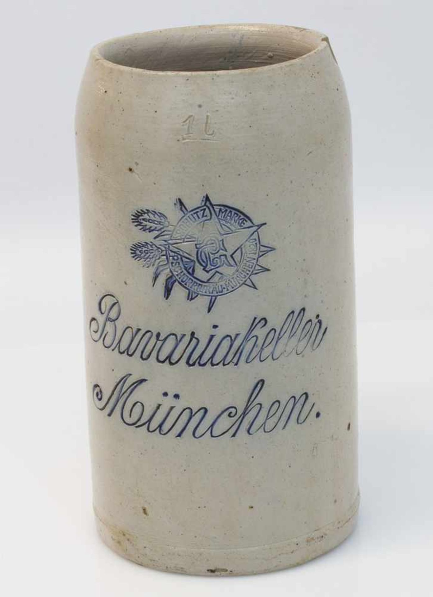 Kneipenkrug um 1920, "Bavariakeller - München", mit Schutz-Marke Pschorrbräu München, 1 Liter - Bild 2 aus 2