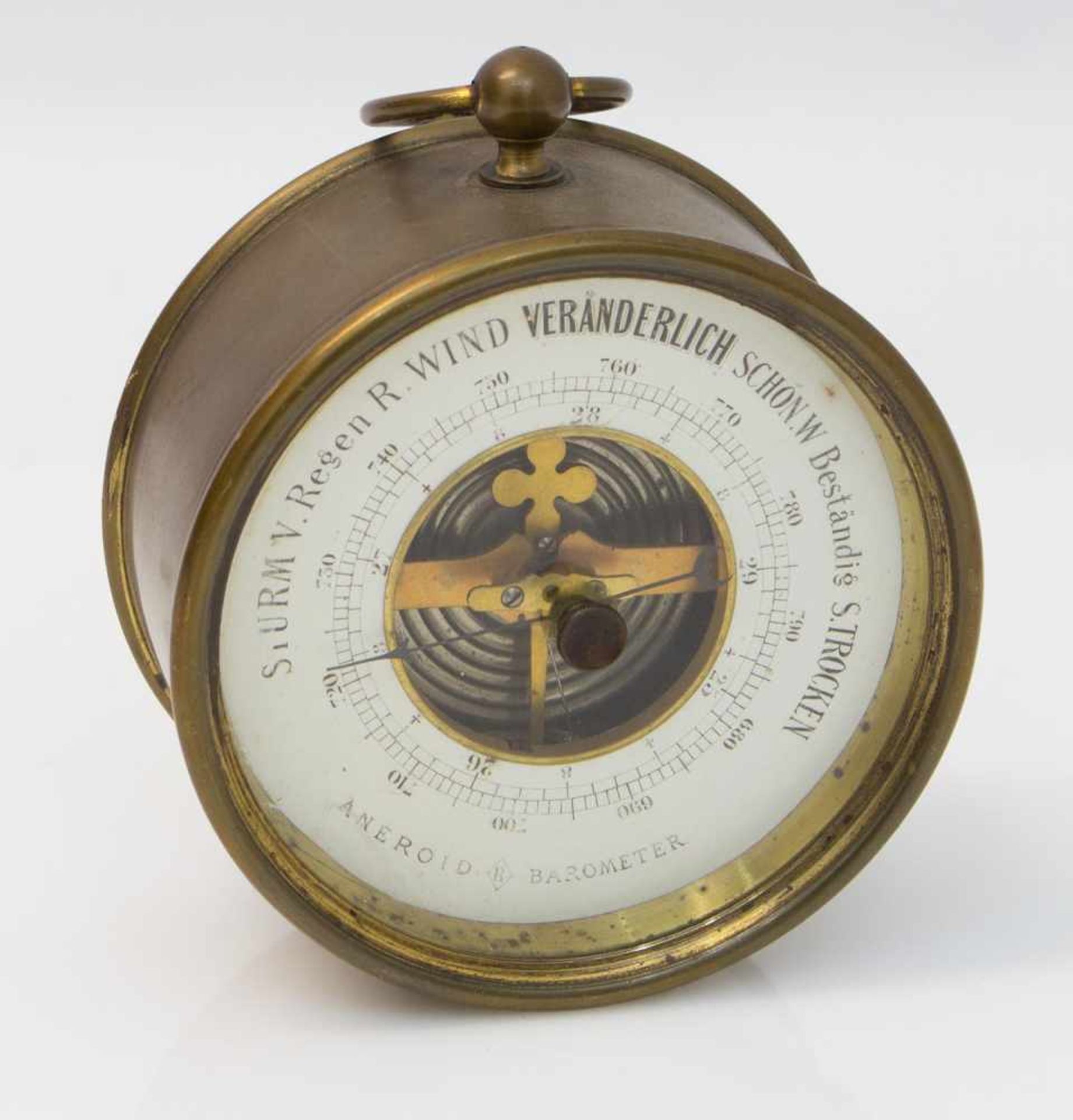 Aneroid Barometer auch Dosenbarometer, teilevakuierte Kupfer-Beryllium Dose, D. 10 cm