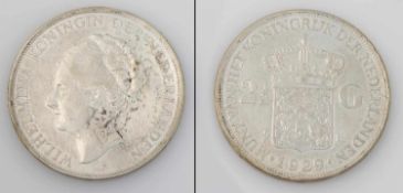 2 1/2 Gulden Niederlande 1929, Königin Wilhelmina, Silber