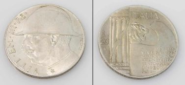 20 Lire Italien 1928, Victor Emanuel III. Zehnjahresfeier zum Ende des Ersten Weltkrieges, Silber,