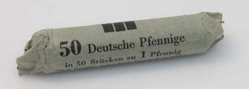 50 x 1 Pfennig DDR 1948 A, im Original Papier der Deutschen Notenbank Leipzig gerollt, stgl.