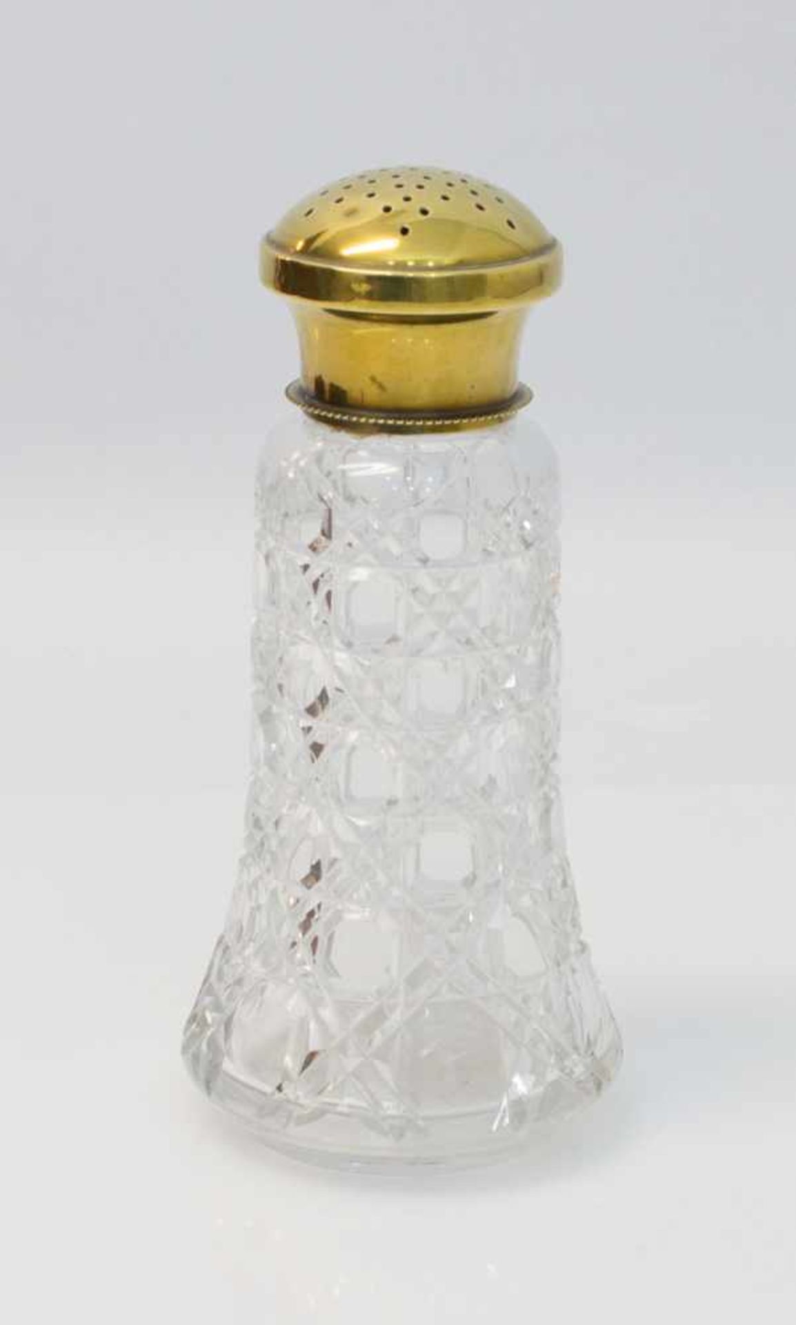 Zuckerstreuer um 1860, Kristallglas, von Hand geschliffen, Metalldeckel, 17 cm