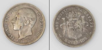5 Peseten Spanien 1885, Alfonso XII., Silber