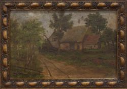 Unbekannt (Landschaftsmaler des 19. Jh.) Mecklenburger Bauernhof Öl/ Malpappe, 26 x 41,5 cm,
