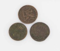 3 x 3 Pfennig Rostock 1824, Wismar 1799, Mecklenburg-Strelitz 1862, alle Kupfer