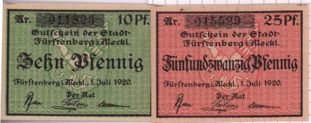2 x Notgeld Fürstenberg/ Mecklenburg 1920, 10 u. 25 Pfennig, bankfrisch