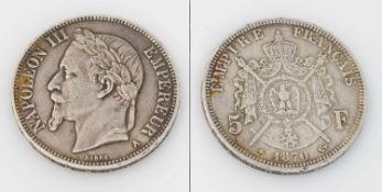 5 France Frankreich 1870 A, Napoleon III., Silber